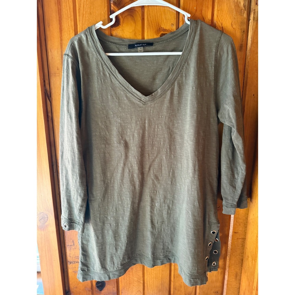 August Silk Womens Top Medium Olive Green V Neck Eyelet Casual